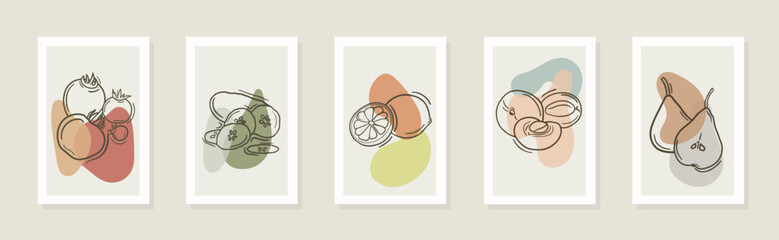 Vegetable, fruit modern set of wall vegan posters. Line art drawing with abstract shape; apricot, lemom, tomatoes, pear for print, cover, wallpaper.Minimal and natural wall vector art hand-drawn