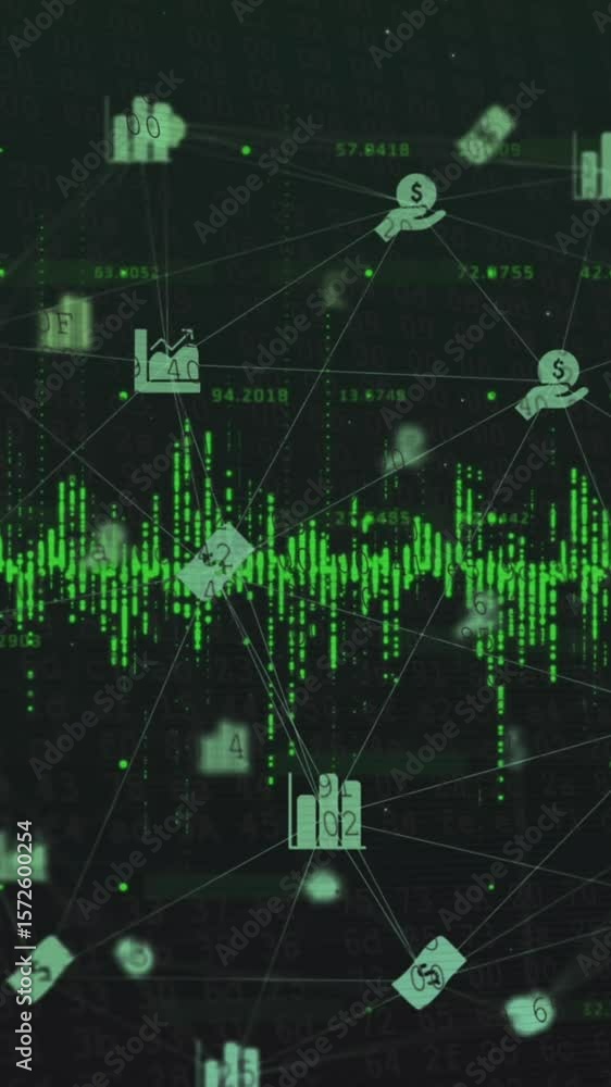 Poster animation of green soundwaves and multiple icons connected with lines in globe shape over numbers