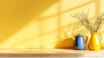 A minimal retro kitchen featuring a mustard yellow wall and white square tile backsplash with a light wood counter and vintage decor. Clean and bright kitchen background