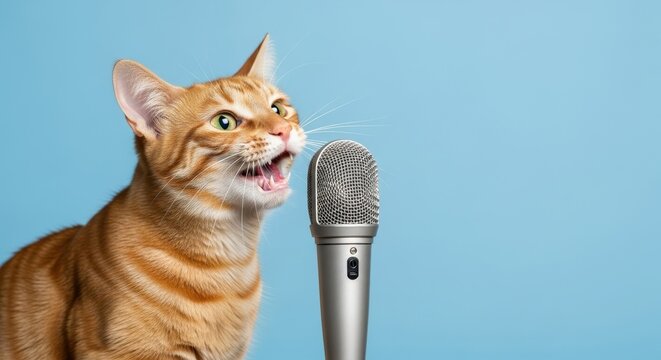 Singing ginger cat with open mouth near microphone on blue background