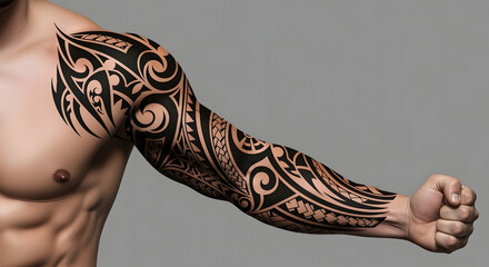 The image displays a muscular man's arm and shoulder with a full sleeve of black tribal tattoos, set against a plain gray background