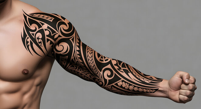 The image displays a muscular man's arm and shoulder with a full sleeve of black tribal tattoos, set against a plain gray background