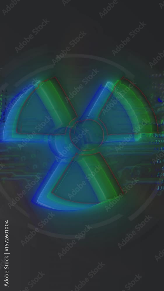 Poster animation of blue geometric shape blinking by numbers and computer language on black background