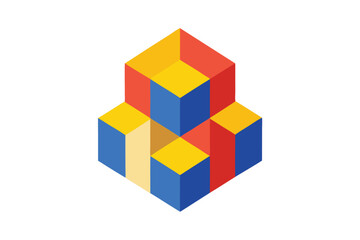 Abstract Isometric Blocks: A vibrant arrangement of colorful isometric blocks interlocks in an optical pattern, creating a visually appealing and modern graphic design element. Ai Generated