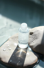 Transparent cosmetic bottles rest on glossy wet stone, glistening with water droplets. A minimalist spa setting with soft daylight evokes purity, hydration, and natural elegance.