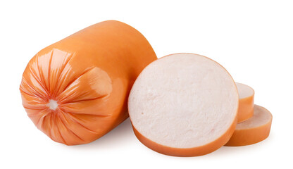 Boiled sausage and pieces on a white background. Isolated