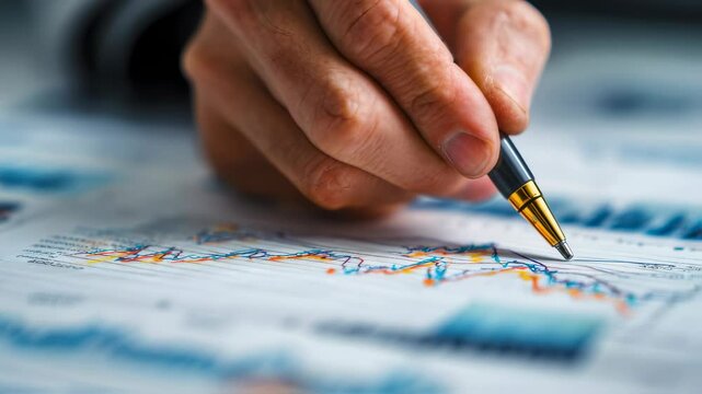 Artistic shot of a hand with a pen sketching notes on printed reports covered with analytical graphs capturing the essence of datadriven business strategy and evaluation techniques.