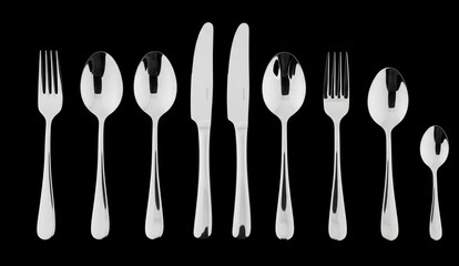 Elegant Dining: A pristine arrangement of silverware cutlery including forks, spoons, and knives, capturing the essence of refined dining in a striking black backdrop. 