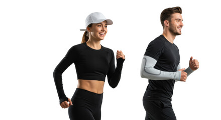 Young caucasian woman (black leggings, white cap) and man (black t-shirt, grey arm sleeves), both athletic, cheerful, running side-by-side against a seamless transparent studio background with copy