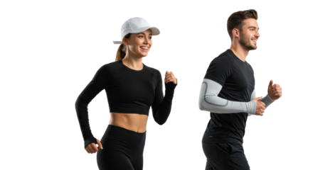 Young caucasian woman (black leggings, white cap) and man (black t-shirt, grey arm sleeves), both athletic, cheerful, running side-by-side against a seamless transparent studio background with copy
