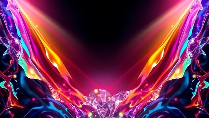 Abstract flowing crystal shard border with radiant colors, clear center