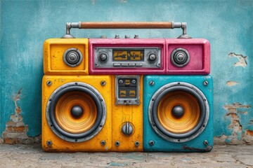 Colorful Retro Boombox on Urban Wall