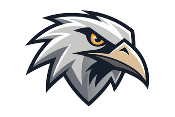 Majestic gray eagle head gazes intensely with striking yellow eye on a white background