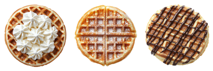 Set of belgian waffles with chocolate, cream and powdered sugar isolated on transparent background PNG