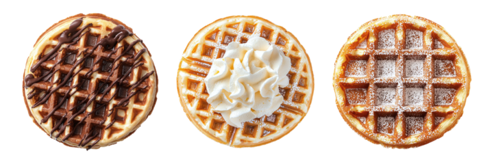 Set of belgian waffles with chocolate, cream and powdered sugar isolated on transparent background PNG