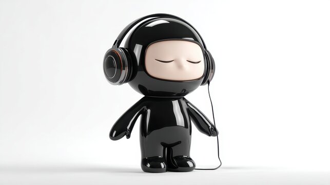 Stylish glossy character listening to music on headphones with peaceful expression
