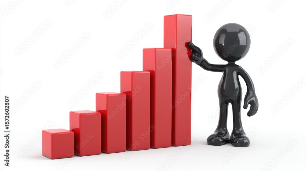 Poster black character standing with red graph symbolizing growth and progress