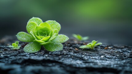Dew-kissed succulent sprouts on dark wood