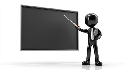 Business character presenting information on a blank blackboard with a pointer