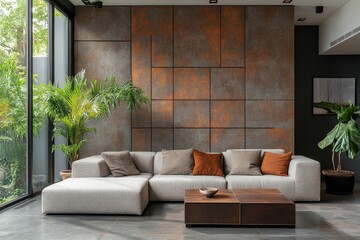 Corner sofa positioned near a grid window and grunge stone panel wall, creating a unique interior design for a modern living room, Generative AI