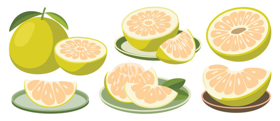  Collection of fresh pomelo fruit halves and slices on plates