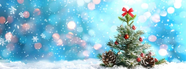 Festive christmas scene with a miniature tree adorned with ornaments and snow