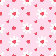 Adorable floral pattern with white petals and red heart centers on pink background. Ideal for Valentine's Day, kids, or romantic-themed designs.