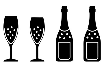 set of Champagne Bottle and Glass silhouette vector illustration