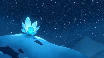 A pixel art scene of a single white-blue glacier flower as it begins to unfurl its petals on the dark mountain. The background is a cold night sky, filled with thousands of stars.