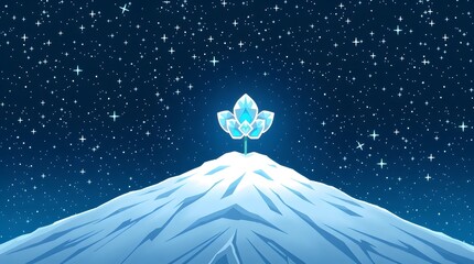 A pixel art scene of a single, perfectly formed white-blue glacier flower centered on a snowy mountain peak. The background is a dark, cold night sky filled with a thousand twinkling pixel-art stars.