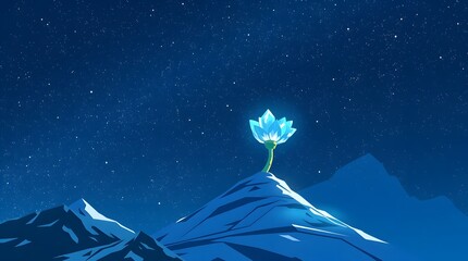 A pixel art image from a low angle, looking up at a single white-blue glacier flower against the vast night sky.