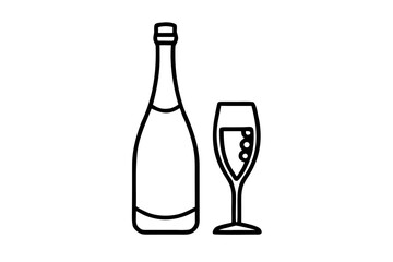 line art Champagne Bottle and Glass silhouette vector illustration