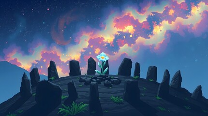 A pixel art scene where a single, luminous white-blue glacier flower grows in the center of a ring of ancient, dark stones on a mountain summit.