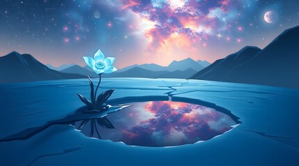 A pixel art scene of a single, glowing white-blue glacier flower with crystal petals, growing beside a small, frozen puddle on a mountain peak.