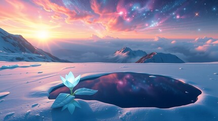 A pixel art scene of a single, glowing white-blue glacier flower with crystal petals, growing beside a small, frozen puddle on a mountain peak.