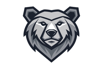 Stylized bear head is gray and black; it possesses a sharp, angular design