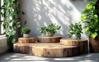 Rustic Wooden Planter Stands with Lush Greenery