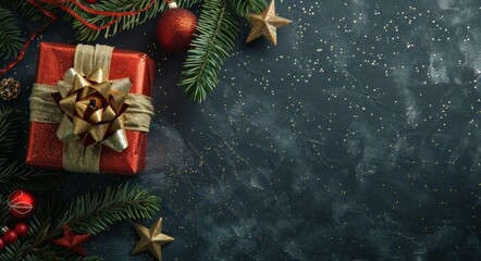 Holiday gift and ornaments on a dark background with decorative star accents