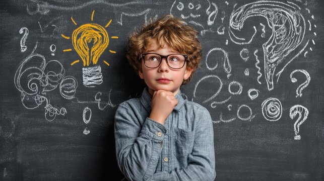 Young boy brainstorming ideas standing in front of a chalkboard