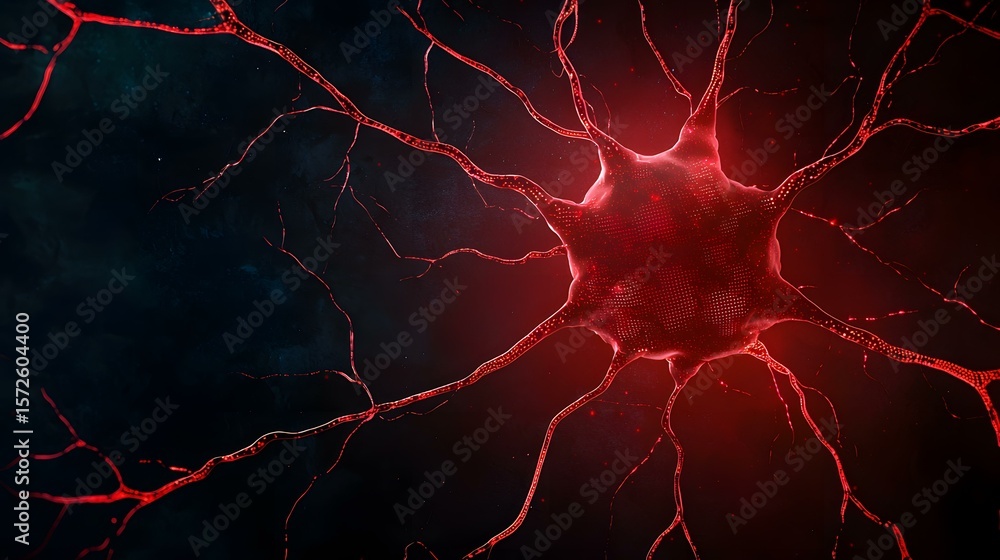 Poster the image shows a stylized 3d rendering of a neuron, its soma and numerous dendrites glowing red aga