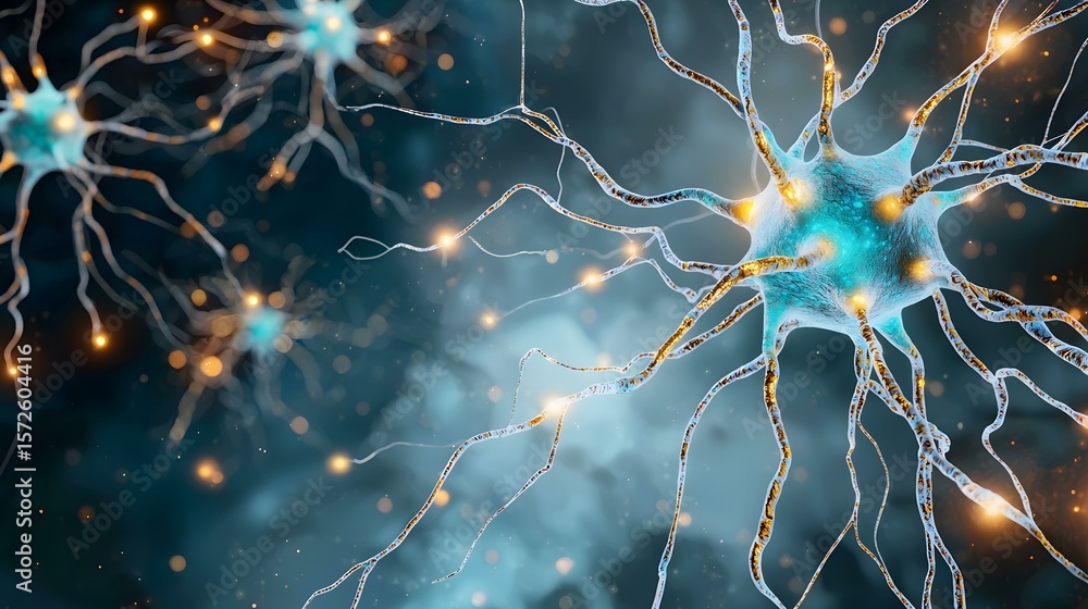 Poster the image shows a detailed microscopic rendering of neurons, with their branching axons and glowing 