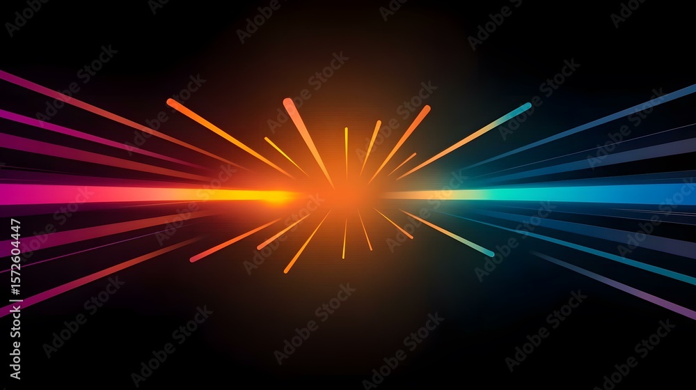 Poster the image shows an abstract design with radiating lines of light in warm and cool colors converging 