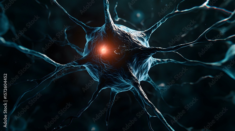 Poster the image shows a detailed 3d rendering of a neuron, its cell body glowing with an inner light, and 