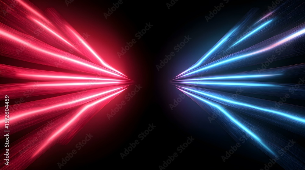 Poster the image contains two sets of bright, glowing lines, one red and one blue, emanating from a central