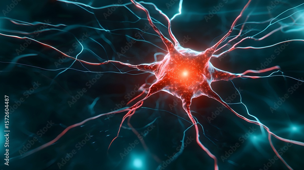 Poster the image shows a neuron, a nerve cell, with its numerous dendrites and axons extending outwards, gl