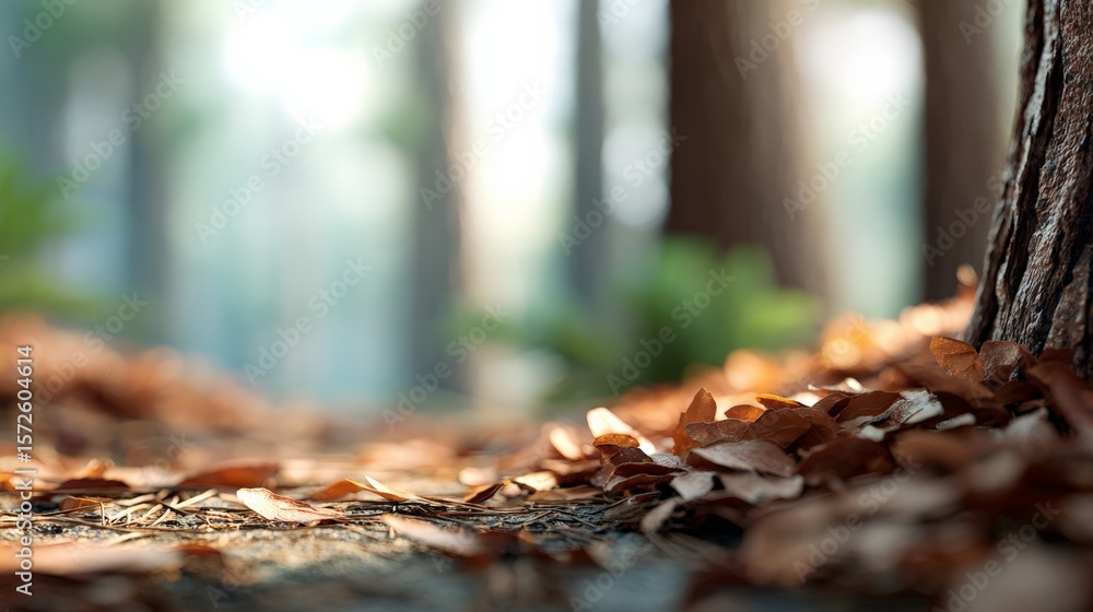 Poster sunlight filters through trees in a campground, illuminating dry leaves scattered on the ground, cre