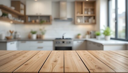 Empty Wooden Table Top with Blurred Modern Kitchen Background for Product Display
