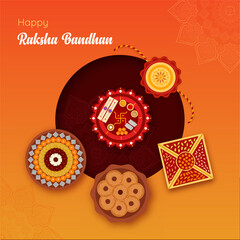 Happy Raksha Bandhan indian festival celebration card design, banner, poster vector illustration with dry fruits, Pooja thali, sweets, and Rakhi.
