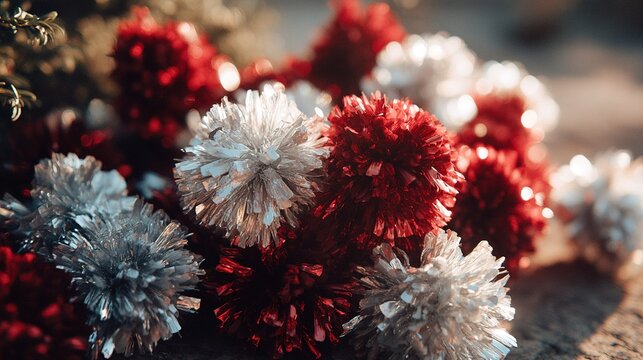 Close up of shiny red and silver tinsel pom poms with soft bokeh background