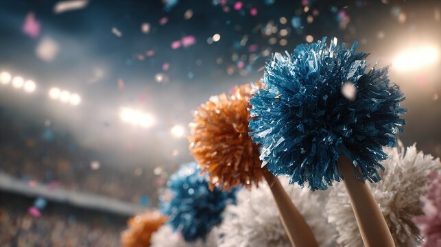 Fans hold colorful pom poms at a sports event with confetti falling cheer leader - Powered by Adobe